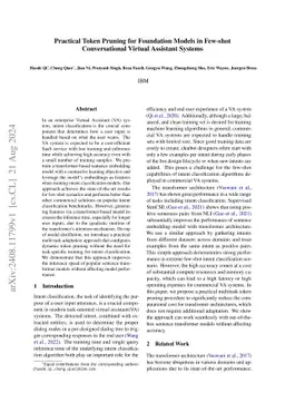 Practical token pruning for foundation models in few-shot conversational
  virtual assistant systems