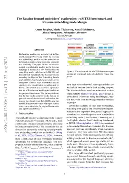 The Russian-focused embedders' exploration: ruMTEB benchmark and Russian embedding model design