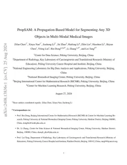 PropSAM: A Propagation-Based Model for Segmenting Any 3D Objects in
  Multi-Modal Medical Images