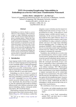WET: Overcoming Paraphrasing Vulnerabilities in Embeddings-as-a-Service with Linear Transformation Watermarks