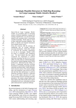 Seemingly Plausible Distractors in Multi-Hop Reasoning: Are Large
  Language Models Attentive Readers?