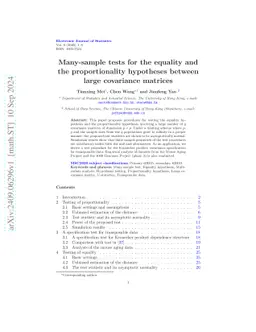Many-sample tests for the equality and the proportionality hypotheses
  between large covariance matrices