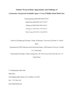 Students' Perceived Roles, Opportunities, and Challenges of a Generative
  AI-powered Teachable Agent: A Case of Middle School Math Class