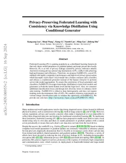 Privacy-Preserving Federated Learning with Consistency via Knowledge
  Distillation Using Conditional Generator
