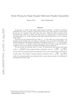 Static Pricing for Single Sample Multi-unit Prophet Inequalities