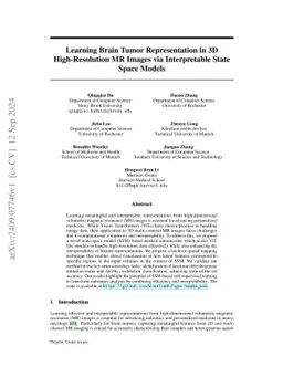 Learning Brain Tumor Representation in 3D High-Resolution MR Images via
  Interpretable State Space Models