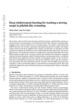 Deep reinforcement learning for tracking a moving target in
  jellyfish-like swimming