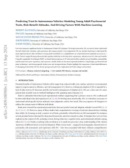 Predicting Trust In Autonomous Vehicles: Modeling Young Adult Psychosocial Traits, Risk-Benefit Attitudes, And Driving Factors With Machine Learning