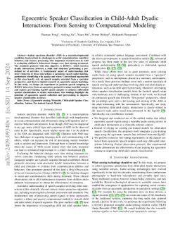 Egocentric Speaker Classification in Child-Adult Dyadic Interactions: From Sensing to Computational Modeling