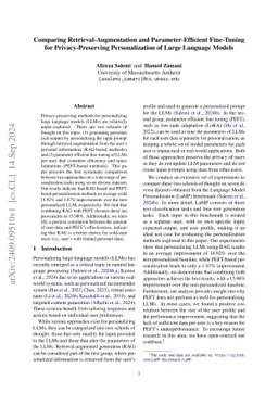 Comparing Retrieval-Augmentation and Parameter-Efficient Fine-Tuning for Privacy-Preserving Personalization of Large Language Models