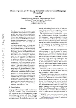 Thesis proposal: Are We Losing Textual Diversity to Natural Language
  Processing?