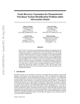 Exact Recovery Guarantees for Parameterized Nonlinear System Identification Problem under Sparse Disturbances or Semi-Oblivious Attacks