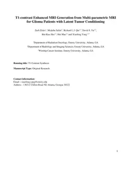 T1-contrast Enhanced MRI Generation from Multi-parametric MRI for Glioma
  Patients with Latent Tumor Conditioning