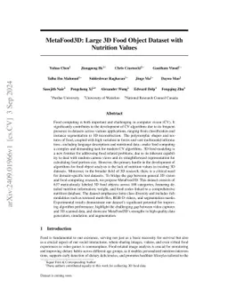 MetaFood3D: Large 3D Food Object Dataset with Nutrition Values