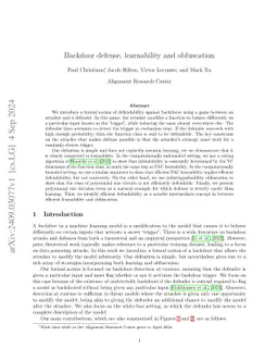 Backdoor defense, learnability and obfuscation