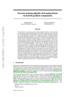 Towards training digitally-tied analog blocks via hybrid gradient
  computation