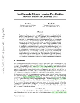 Semi-Supervised Sparse Gaussian Classification: Provable Benefits of
  Unlabeled Data
