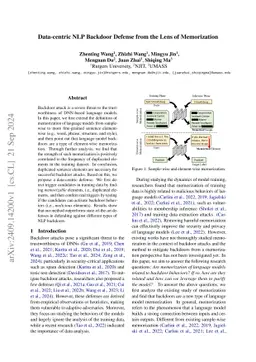 Data-centric NLP Backdoor Defense from the Lens of Memorization