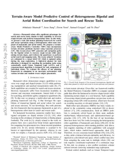 Terrain-Aware Model Predictive Control of Heterogeneous Bipedal and
  Aerial Robot Coordination for Search and Rescue Tasks