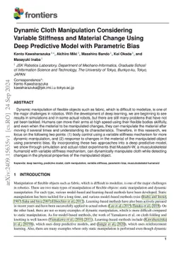 Dynamic Cloth Manipulation Considering Variable Stiffness and Material
  Change Using Deep Predictive Model with Parametric Bias