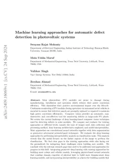 Machine learning approaches for automatic defect detection in
  photovoltaic systems