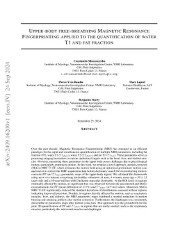 Upper-body free-breathing Magnetic Resonance Fingerprinting applied to
  the quantification of water T1 and fat fraction