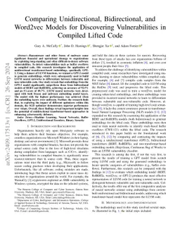 Comparing Unidirectional, Bidirectional, and Word2vec Models for Discovering Vulnerabilities in Compiled Lifted Code
