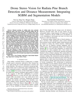 Drone Stereo Vision for Radiata Pine Branch Detection and Distance
  Measurement: Integrating SGBM and Segmentation Models