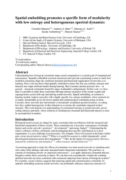 Spatial embedding promotes a specific form of modularity with low
  entropy and heterogeneous spectral dynamics