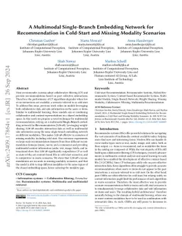A Multimodal Single-Branch Embedding Network for Recommendation in
  Cold-Start and Missing Modality Scenarios