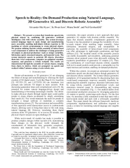 Speech to Reality: On-Demand Production using Natural Language, 3D Generative AI, and Discrete Robotic Assembly