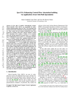 SpecCFA: Enhancing Control Flow Attestation/Auditing via
  Application-Aware Sub-Path Speculation