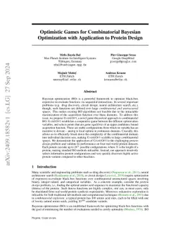 Optimistic Games for Combinatorial Bayesian Optimization with Application to Protein Design