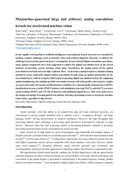Metasurface-generated large and arbitrary analog convolution kernels for
  accelerated machine vision