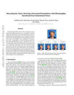 Discerning the Chaos: Detecting Adversarial Perturbations while
  Disentangling Intentional from Unintentional Noises