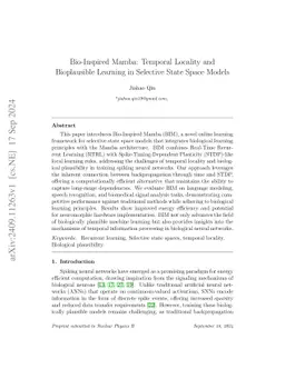 Bio-Inspired Mamba: Temporal Locality and Bioplausible Learning in
  Selective State Space Models