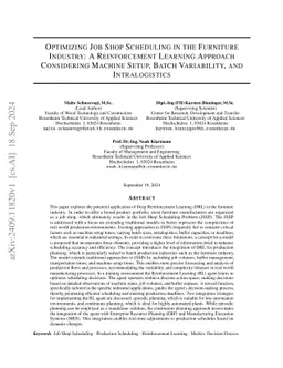 Optimizing Job Shop Scheduling in the Furniture Industry: A
  Reinforcement Learning Approach Considering Machine Setup, Batch Variability,
  and Intralogistics