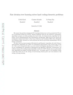 Fast decision tree learning solves hard coding-theoretic problems