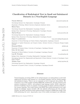 Classification of Radiological Text in Small and Imbalanced Datasets in
  a Non-English Language