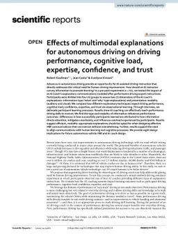 Effects of Multimodal Explanations for Autonomous Driving on Driving
  Performance, Cognitive Load, Expertise, Confidence, and Trust