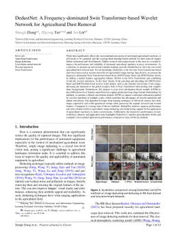 DedustNet: A Frequency-dominated Swin Transformer-based Wavelet Network
  for Agricultural Dust Removal