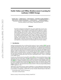Stable Online and Offline Reinforcement Learning for Antibody CDRH3
  Design