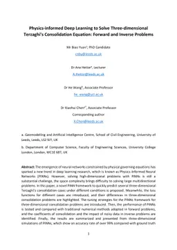 Physics-informed Deep Learning to Solve Three-dimensional Terzaghi
  Consolidation Equation: Forward and Inverse Problems
