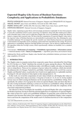 Expected Shapley-Like Scores of Boolean Functions: Complexity and
  Applications to Probabilistic Databases