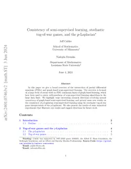 Consistency of semi-supervised learning, stochastic tug-of-war games,
  and the p-Laplacian