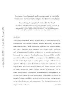Learning-based agricultural management in partially observable environments subject to climate variability
