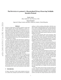 The Boomerang protocol: A Decentralised Privacy-Preserving Verifiable
  Incentive Protocol