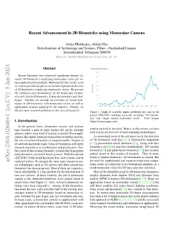 Recent Advancement in 3D Biometrics using Monocular Camera