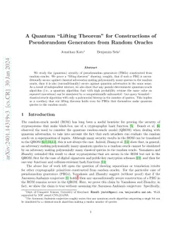 A Quantum "Lifting Theorem" for Constructions of Pseudorandom Generators from Random Oracles