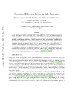 Personalized Differential Privacy for Ridge Regression